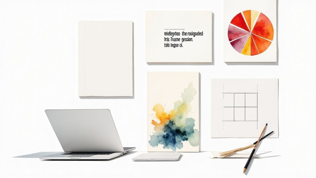 A clean white desk featuring a laptop, tablet, art cards, watercolor painting, and pencils.