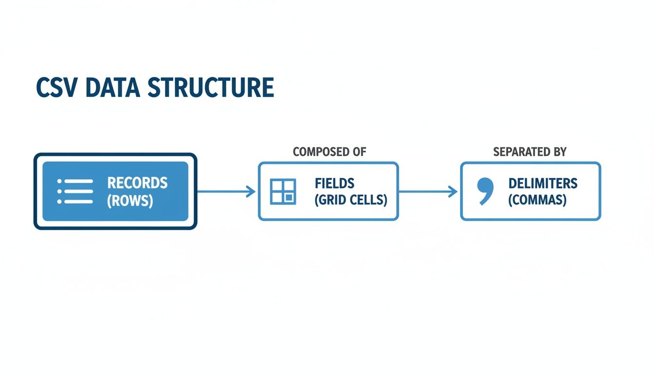 A flowchart illustrating the CSV data structure: records (rows) are composed of fields (grid cells) separated by commas.