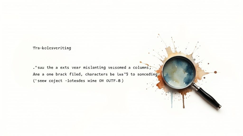 A magnifying glass sits on a watercolor splash next to text discussing columns and characters, possibly about file structures.