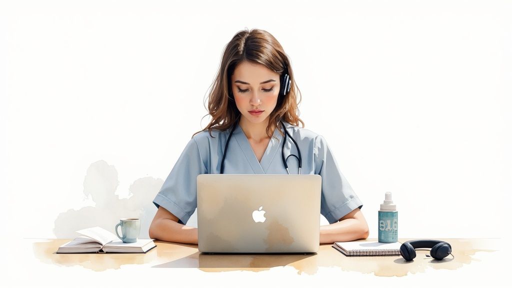 A female healthcare professional in scrubs, wearing a headset and stethoscope, works on a laptop.