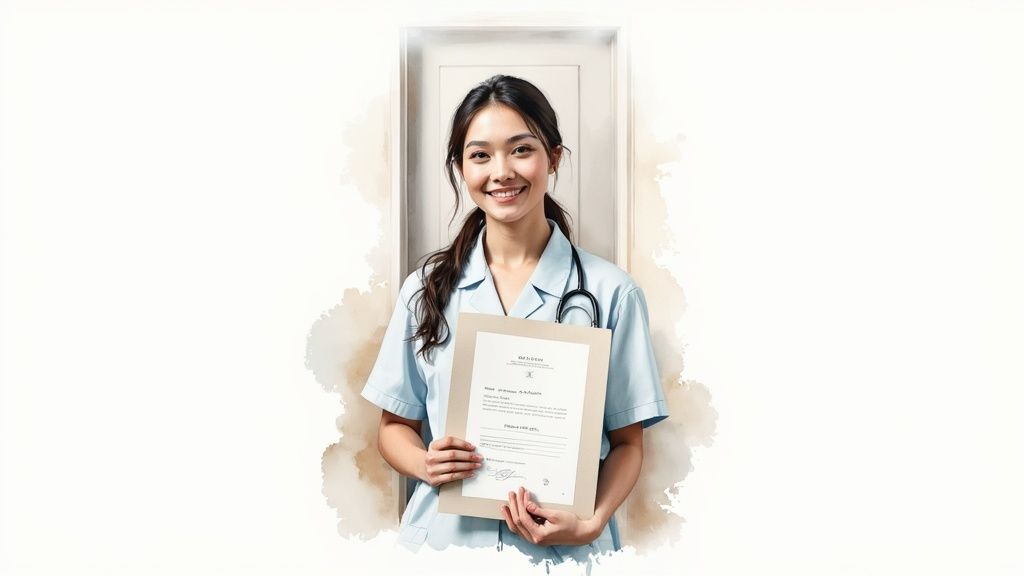 A cheerful female medical professional in scrubs with a stethoscope, holding a document.