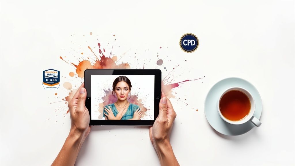 Hands holding a tablet displaying a woman, with a cup of tea and training certifications on a white background.