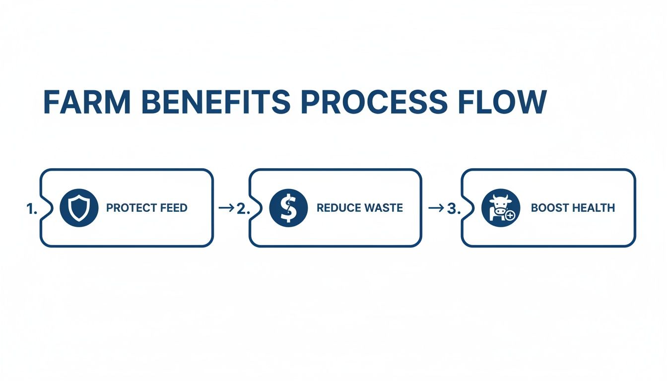 A process flow diagram outlining three farm benefits: protecting feed, reducing waste, and boosting animal health.