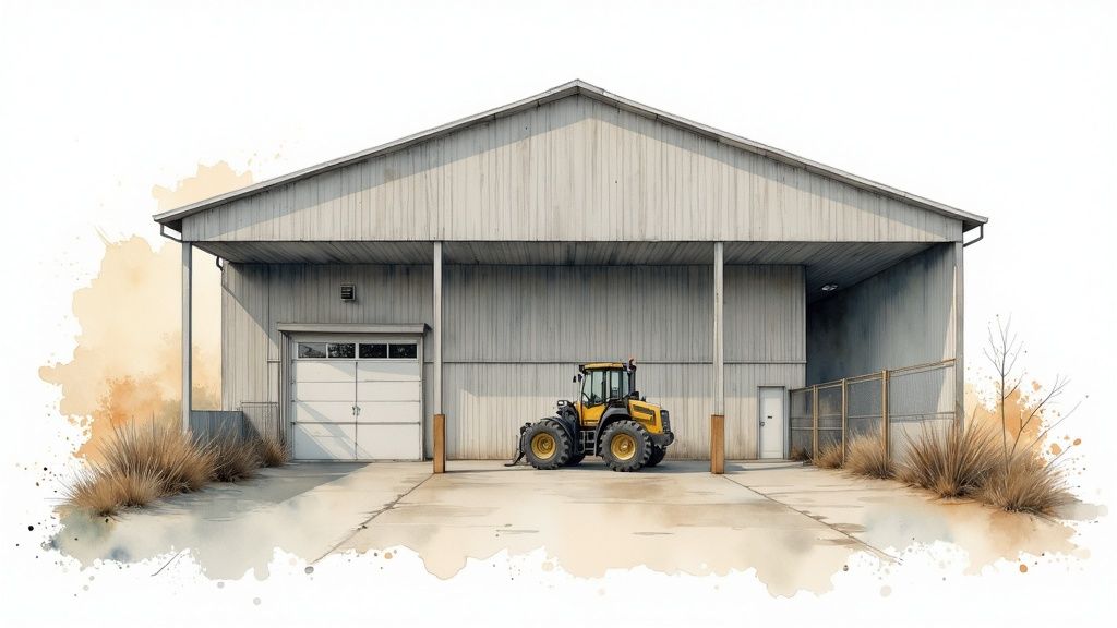 A rustic watercolor painting depicts a grey metal barn with a yellow tractor parked outside, surrounded by dry grass.