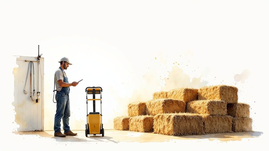 A farmer using a tablet next to a yellow cart, with stacked hay bales in a barn.