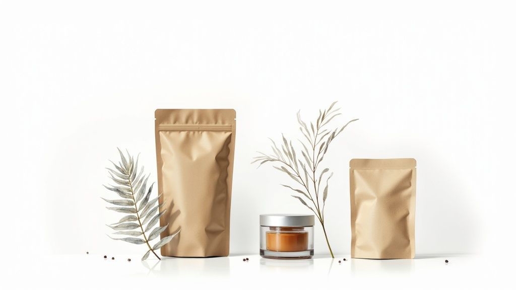 Eco-friendly blank kraft paper pouches and a jar with natural elements for branding.