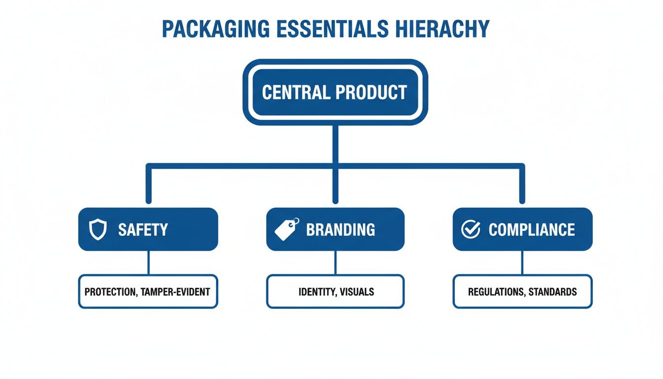 Hierarchy diagram illustrating packaging essentials: safety, branding, and compliance around a central product.