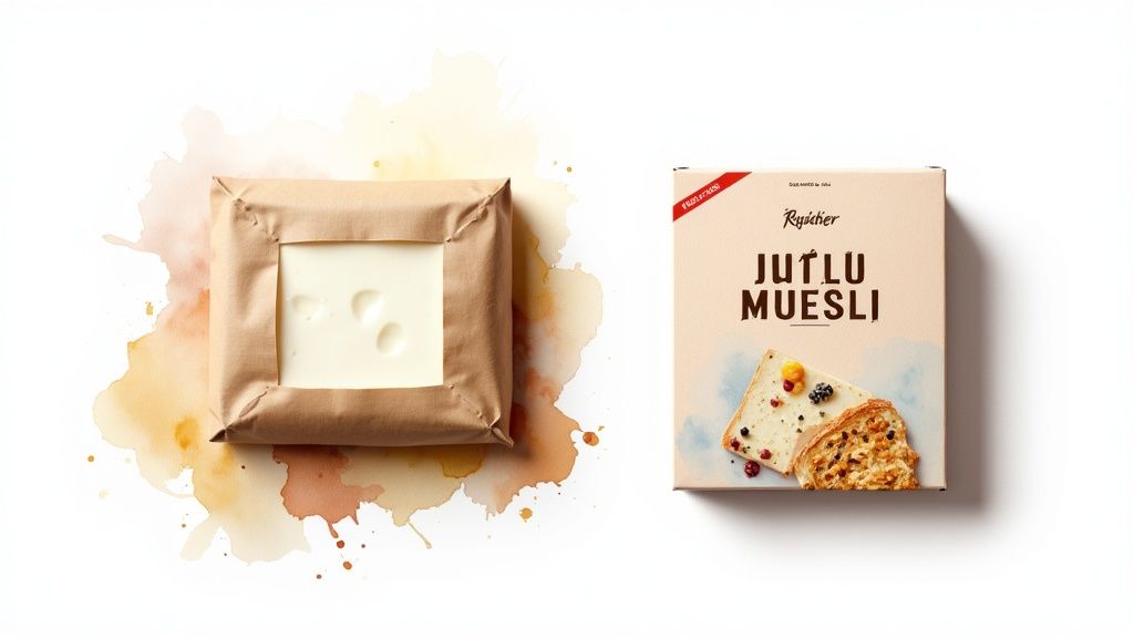 Overhead view of a packaged block of butter or cheese and a box of Jutlu Muesli on a white background with watercolor accents.