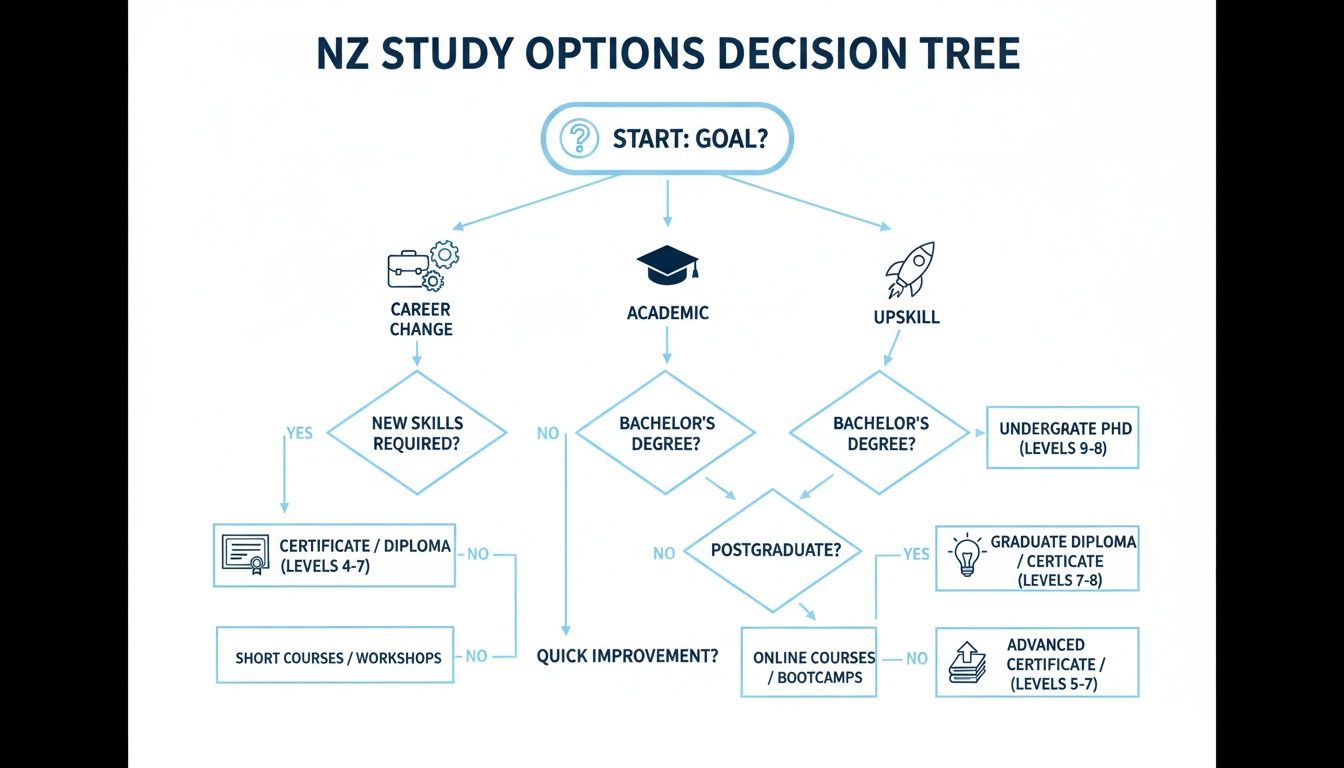 A decision tree flowchart outlining New Zealand study options based on career change, academic, and upskill goals.
