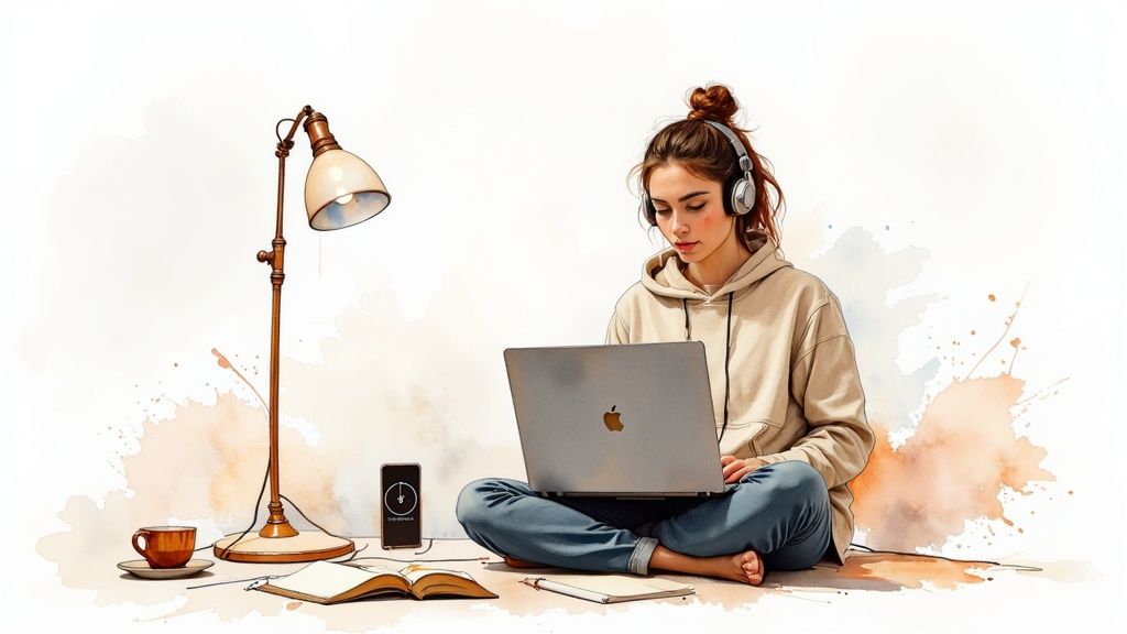 A watercolor illustration of a woman studying online with a laptop, headphones, and coffee.