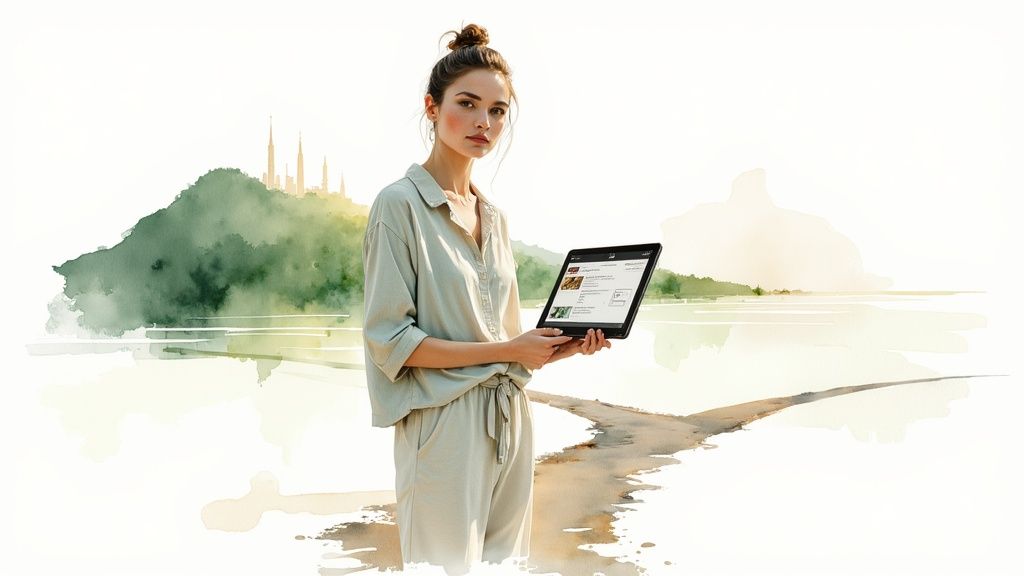 A woman in a light outfit holds a tablet in a serene watercolor landscape.