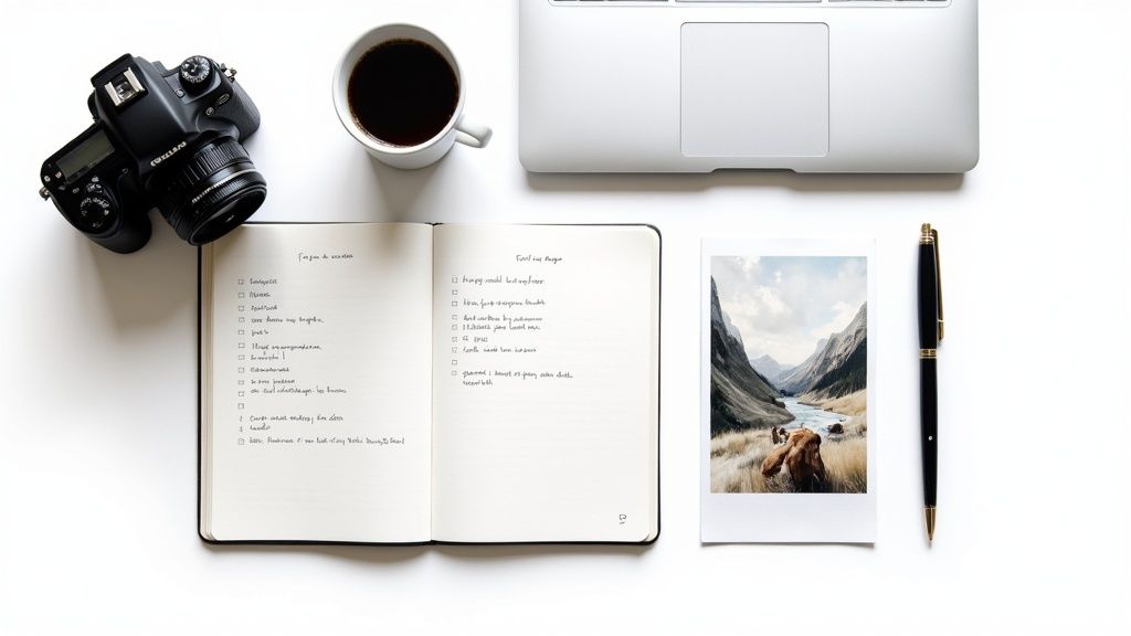 Overhead flat lay of a photographer's desk with a camera, laptop, coffee, and notebook.