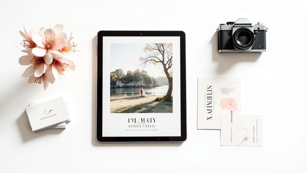 A flat lay of a tablet displaying a scenic photo, a vintage camera, flowers, and cards on white.