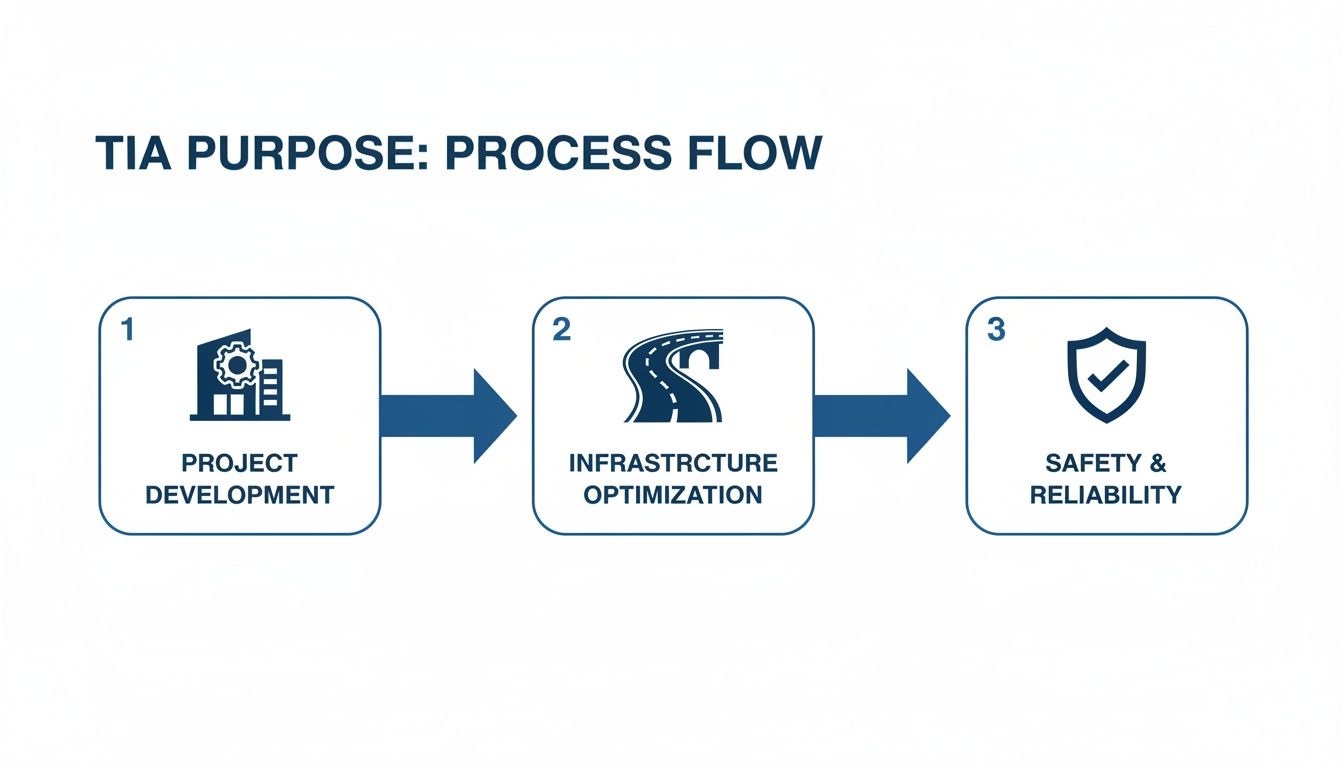 A diagram illustrating the TIA purpose process flow with three steps: project development, infrastructure optimization, and safety.