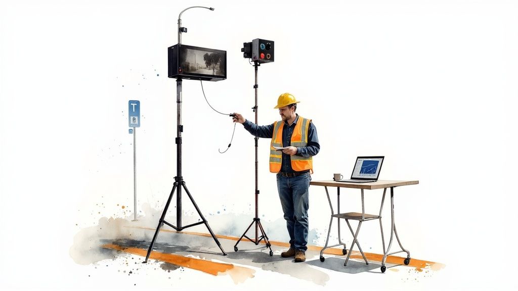 A construction worker sets up traffic monitoring equipment with a laptop displaying data.