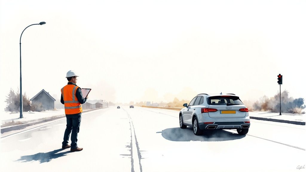 A man in safety gear conducts a traffic impact assessment on a road with a white SUV.