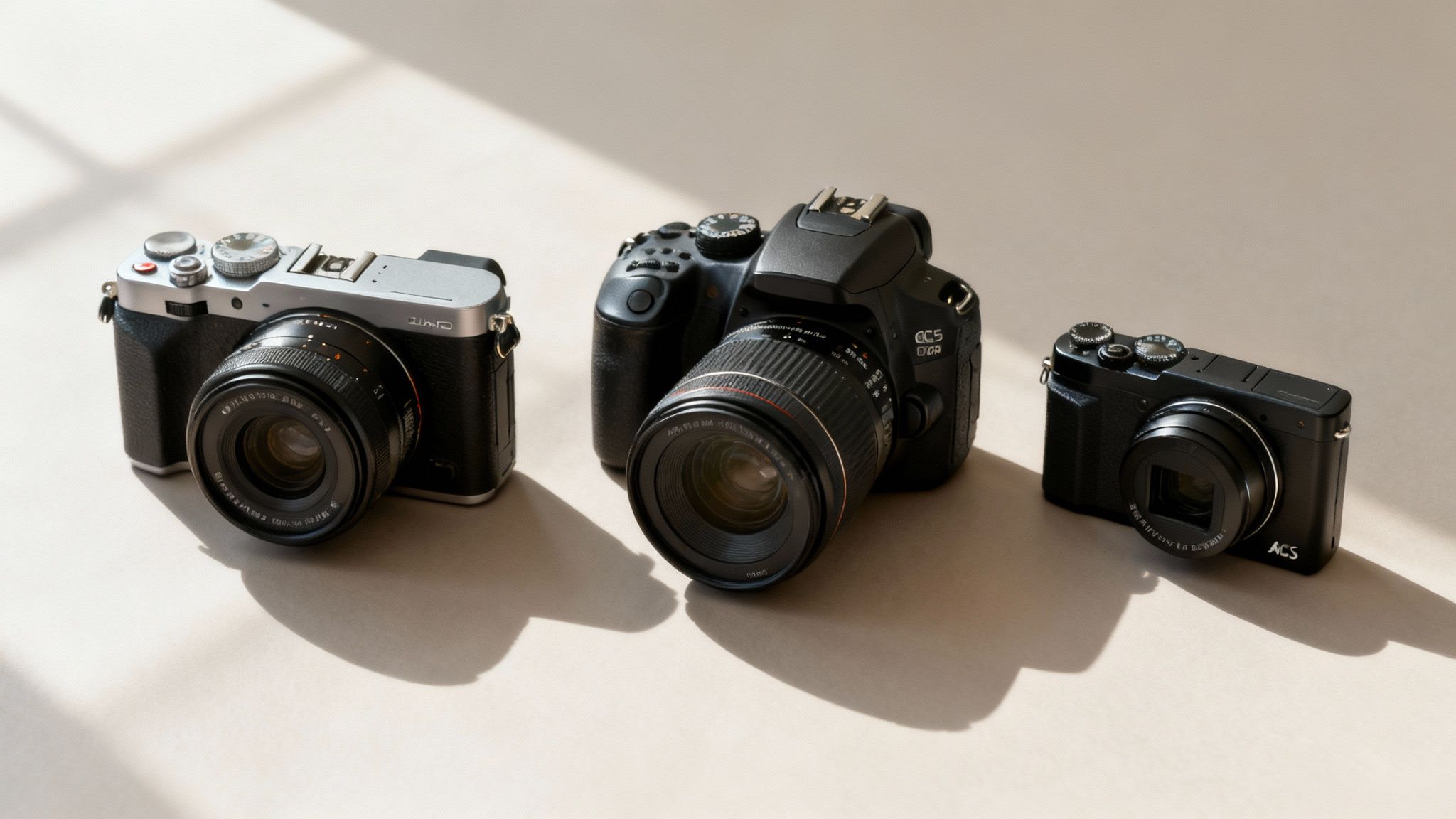 Three digital cameras: a silver mirrorless, a black Canon DSLR, and a black compact camera.