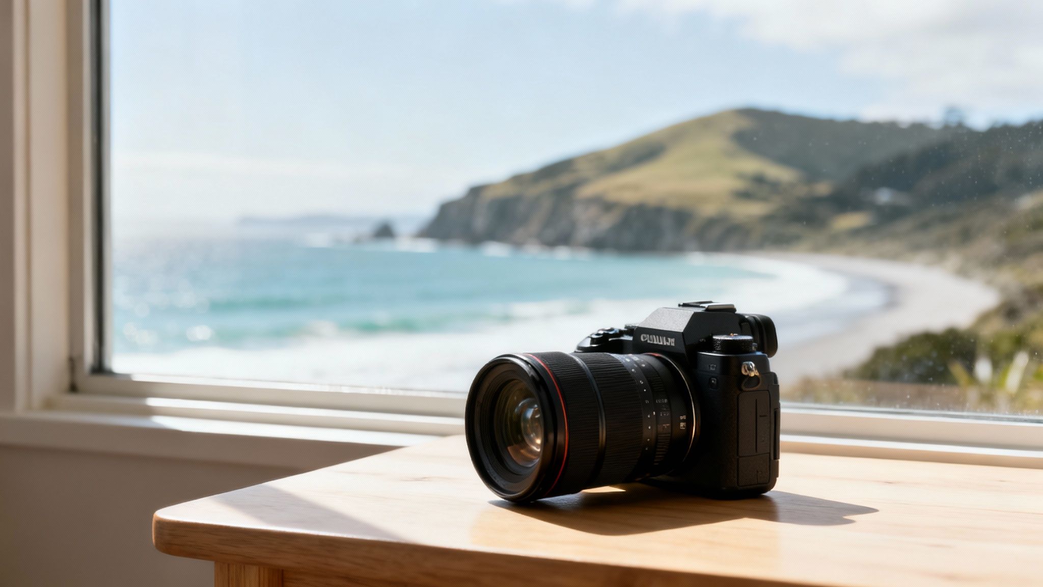 A black camera and lens sit on a wooden table, overlooking a beautiful beach and ocean.