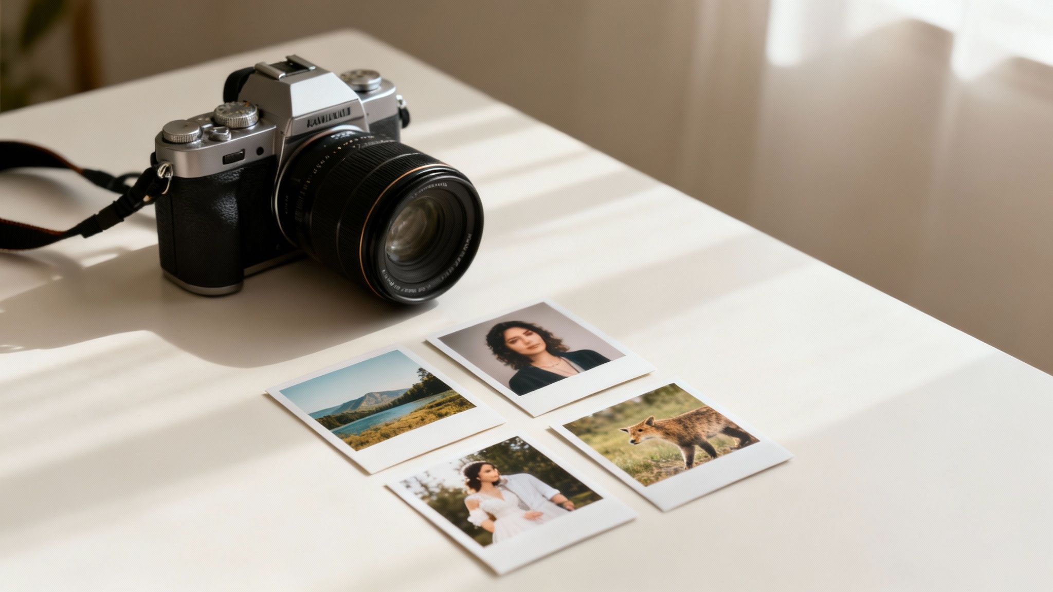 A silver and black camera with a lens is on a white table with four instant photos.