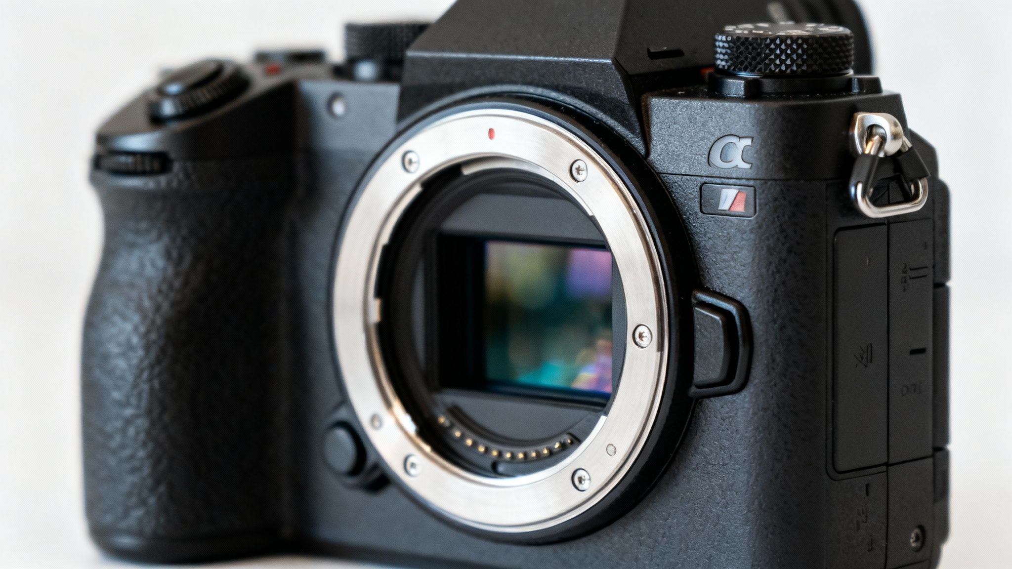 Close-up of a black mirrorless camera body, showcasing its lens mount and exposed sensor.
