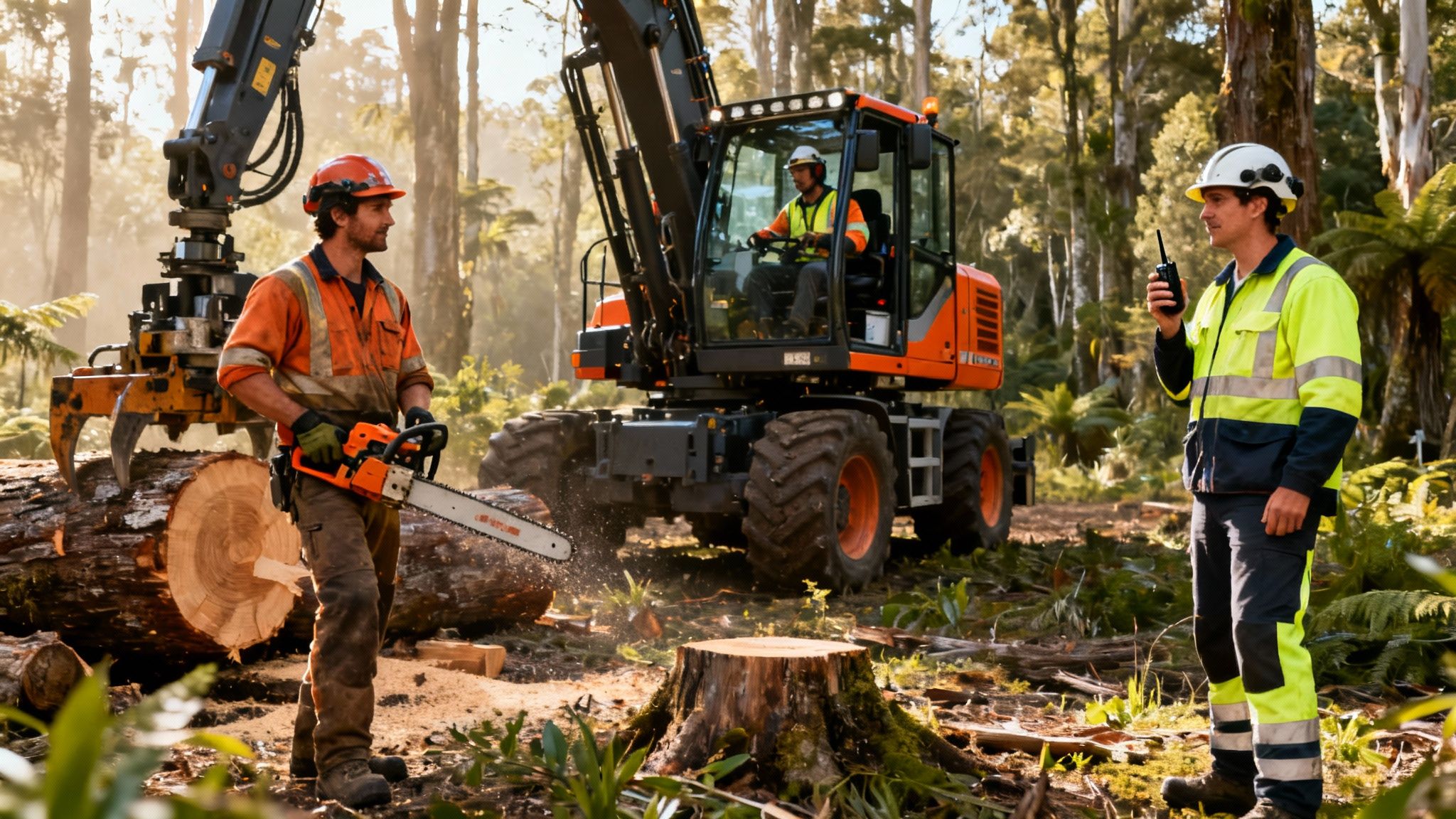Three loggers in safety gear working with heavy machinery and chainsaws in a forest.