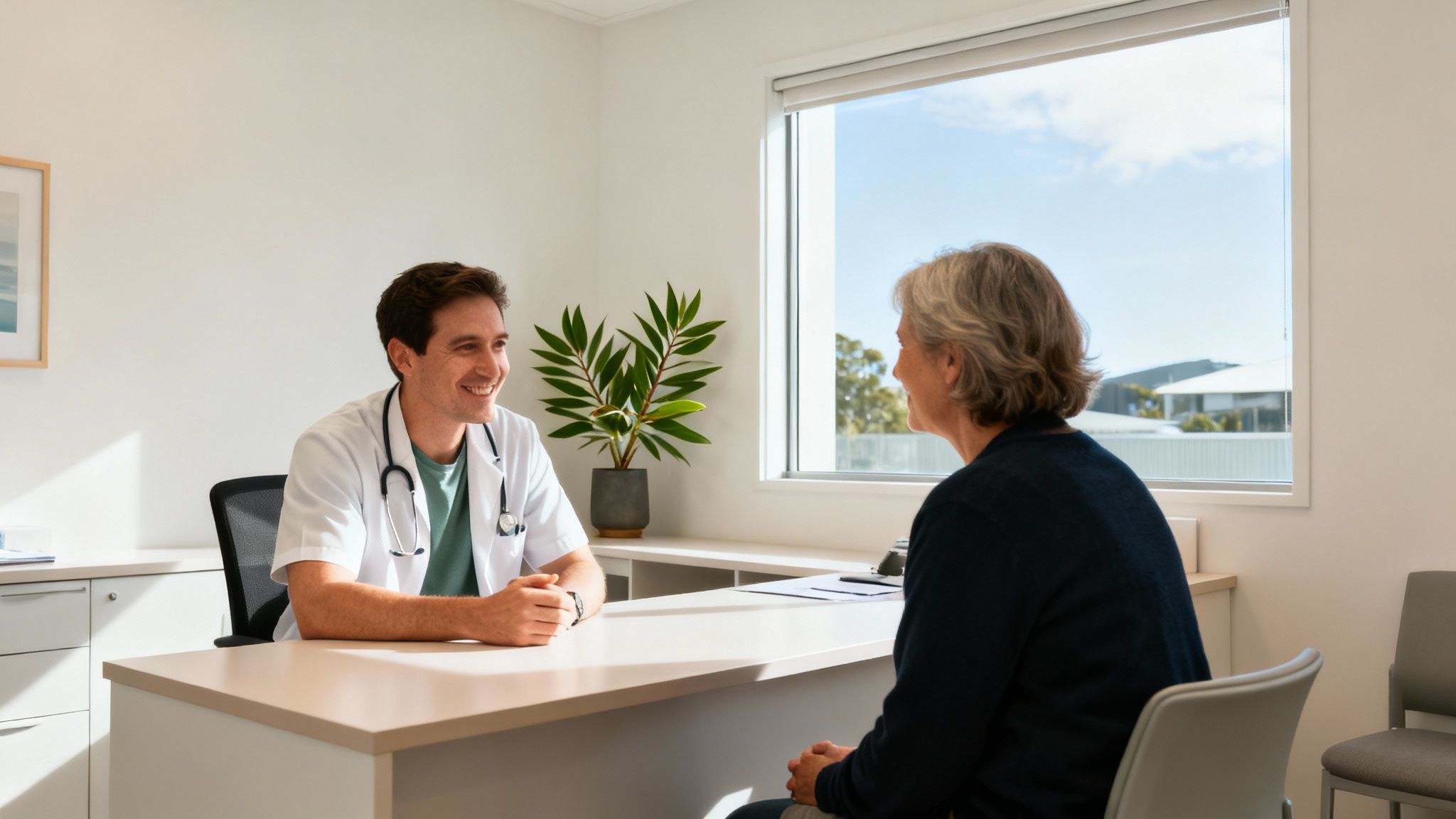 A smiling doctor consults with an elderly female patient in a bright medical office.