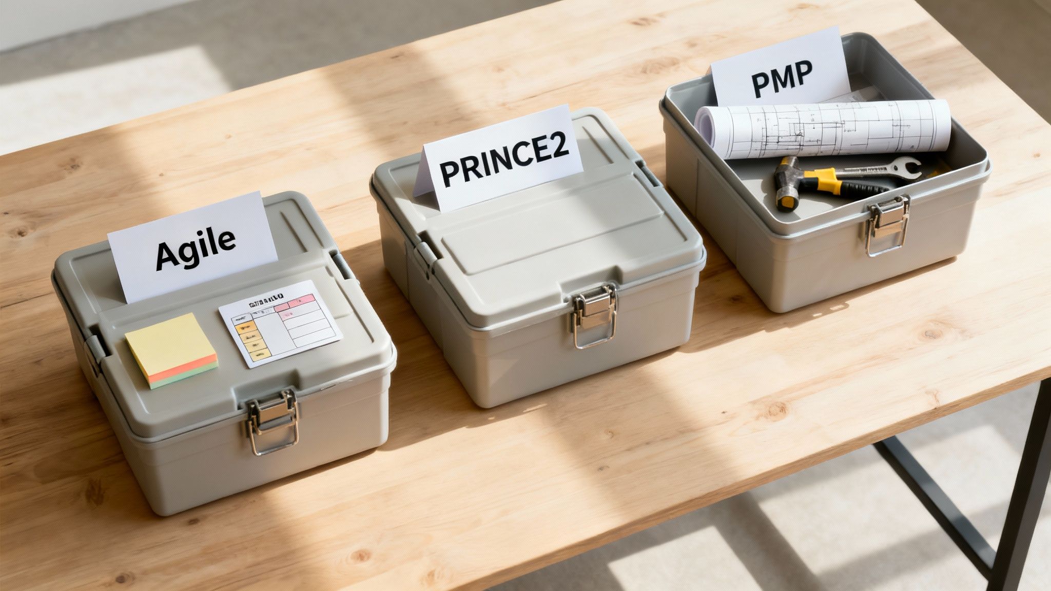 Three toolboxes labeled Agile, PRINCE2, and PMP, representing project management methodologies on a wooden desk.