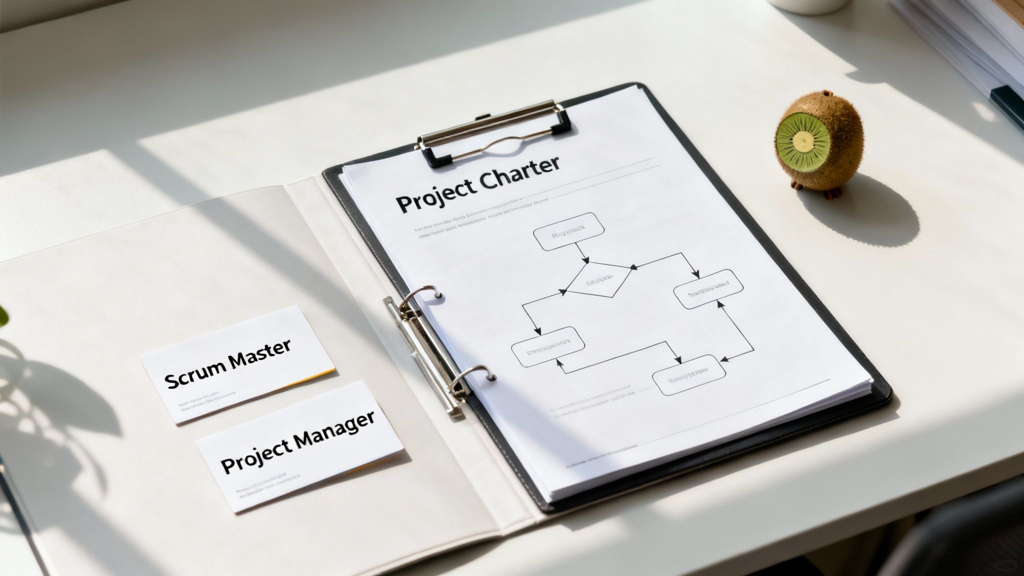A desk with a Project Charter document, Scrum Master and Project Manager cards for project planning.