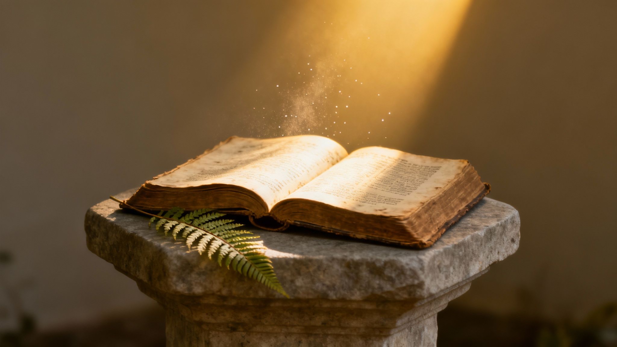 An ancient open book with glowing pages and a fern leaf rests on a stone pedestal under a sunbeam.
