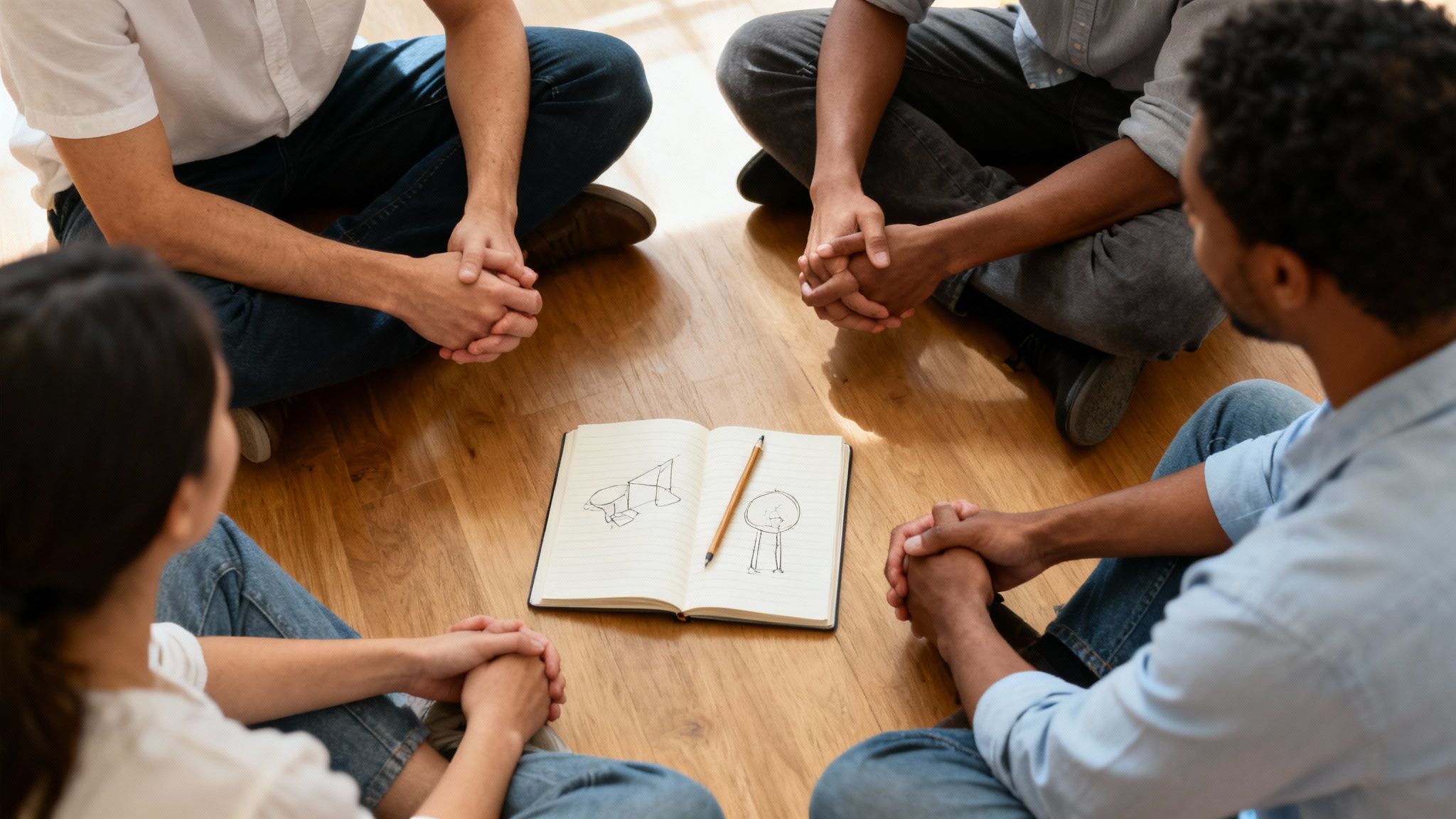 Diverse group of people collaborating, sitting in a circle on a wooden floor, looking at notebook sketches.