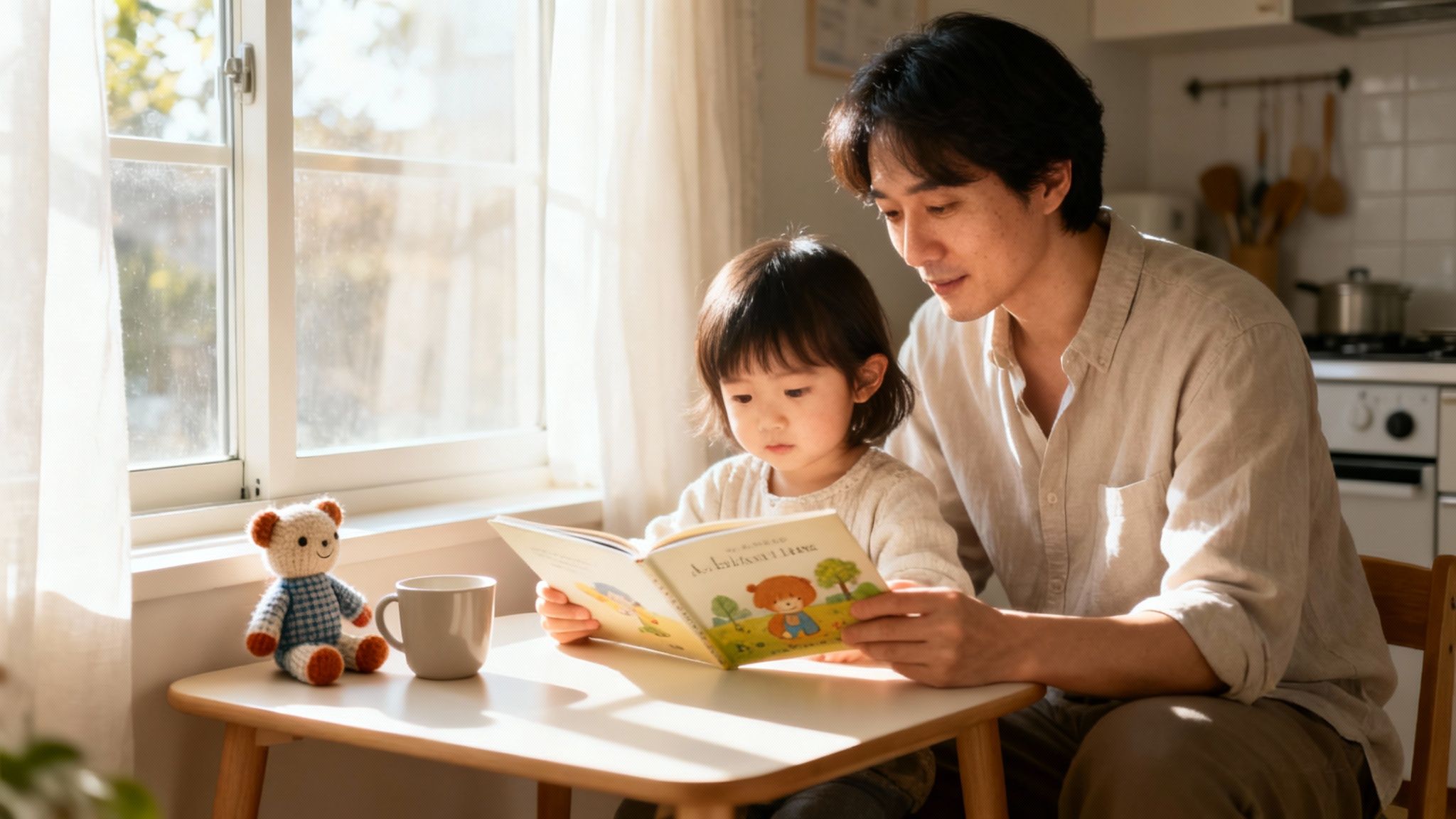 A father and young child reading a book together at a sunlit table by a window.