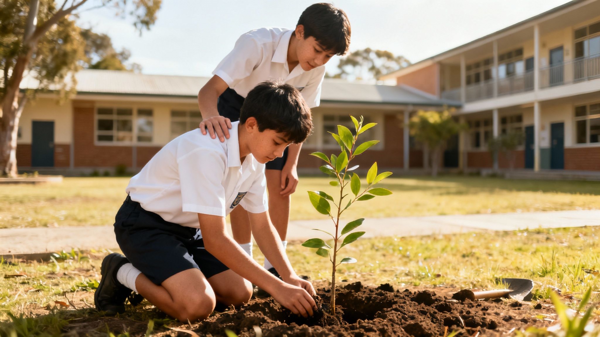 Two students in school uniforms planting a small tree in a sunny schoolyard, demonstrating environmental care.