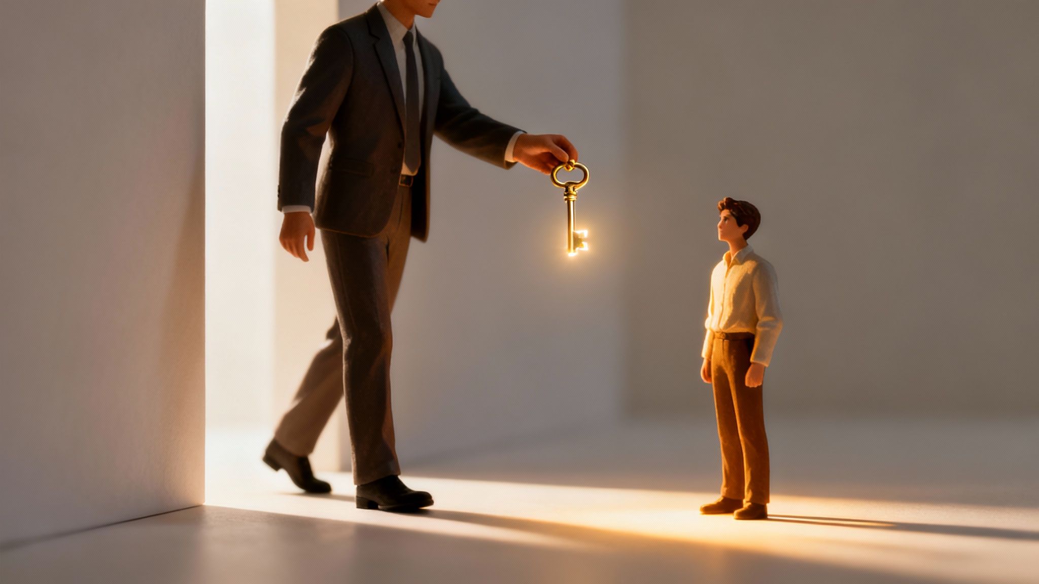 A large figure in a suit offers a glowing golden key to a smaller figure, symbolizing opportunity.