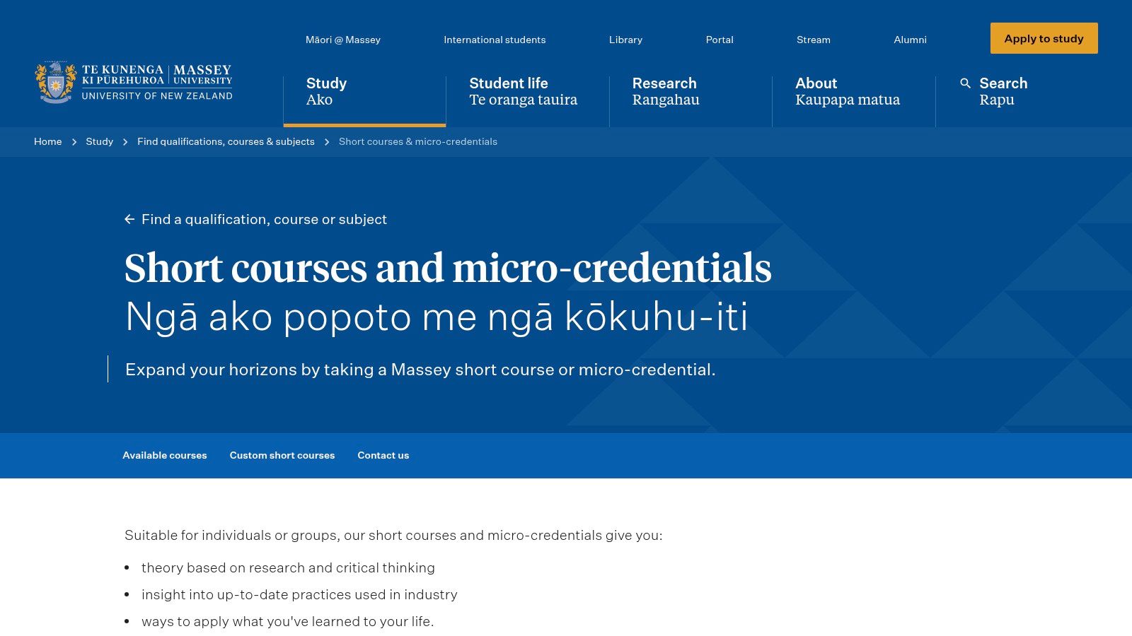 Massey University – Short Courses and Micro‑credentials (Business and Financial Services)