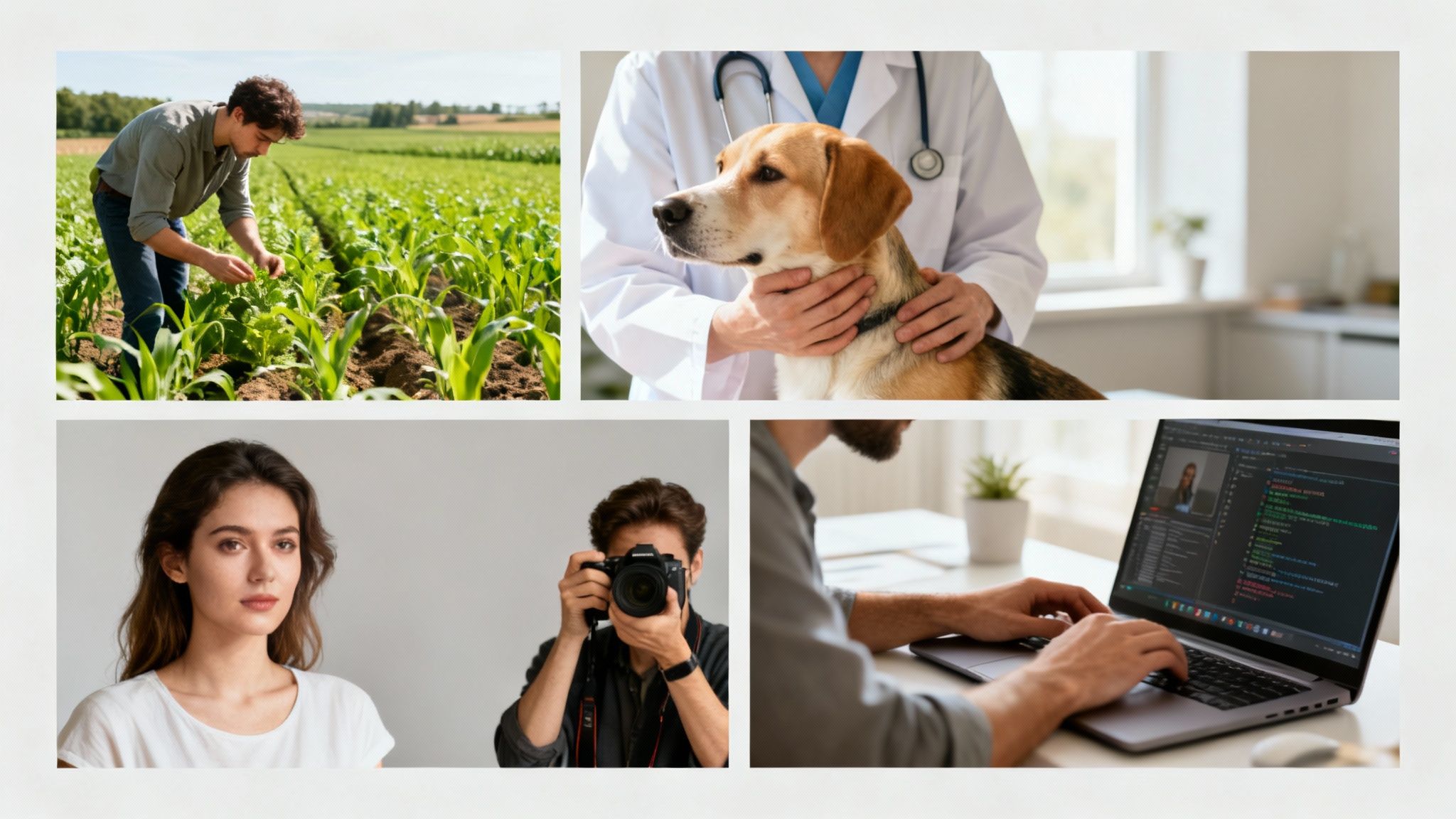Four images of diverse professionals: a farmer, vet with a dog, photographer, and person coding.