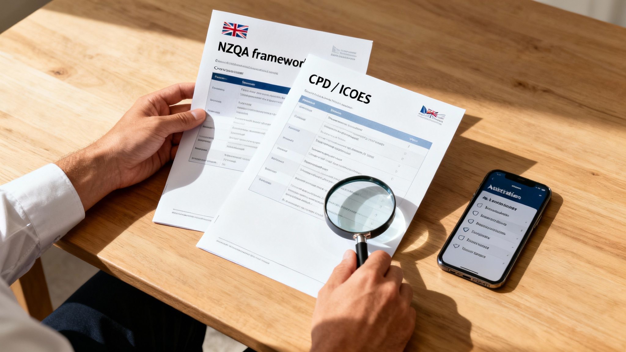 A person reviewing professional development documents like NZQA and CPD on a wooden desk with a smartphone.