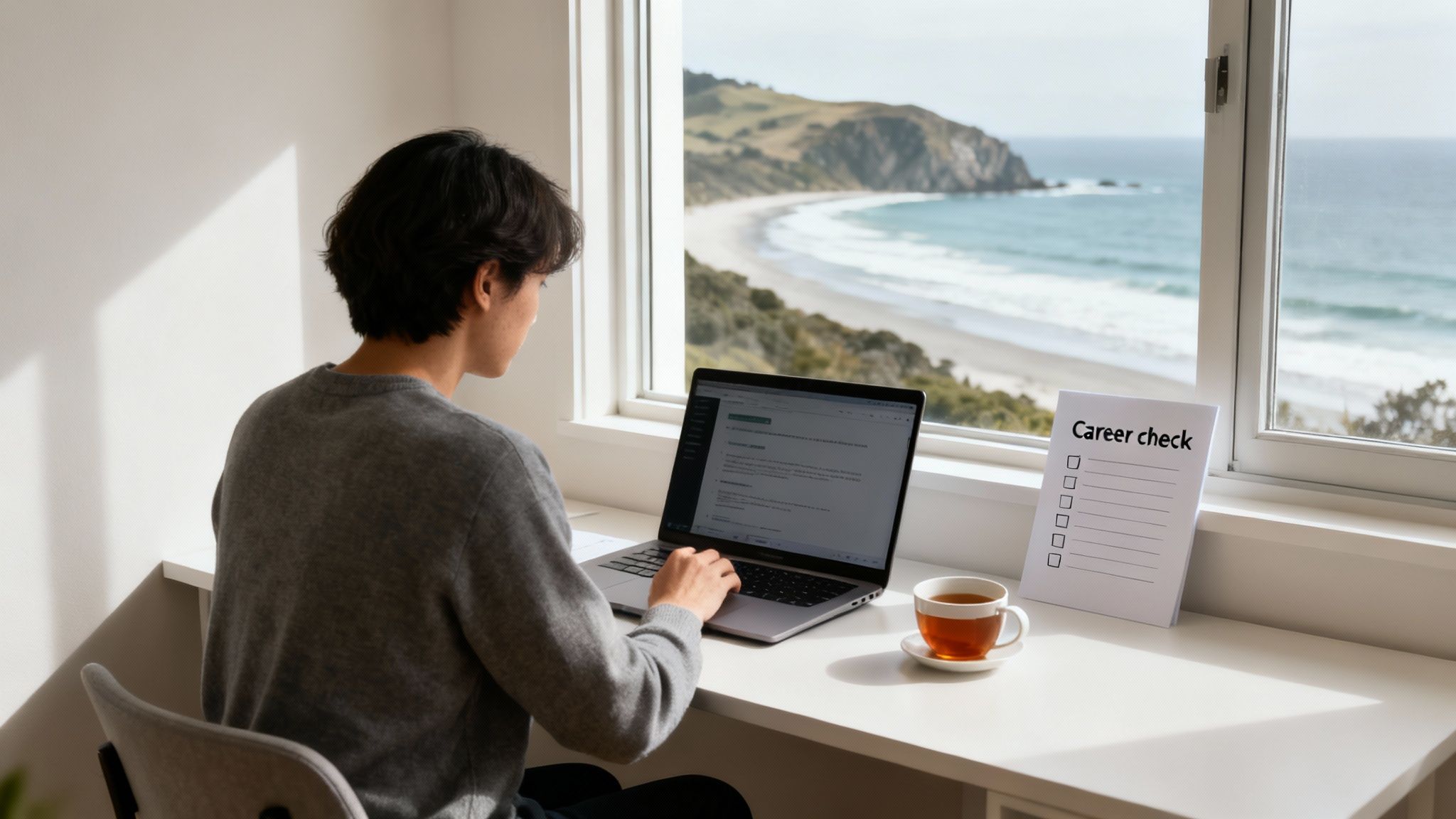 Person working on a laptop at a desk with an ocean view, alongside a career checklist and tea.