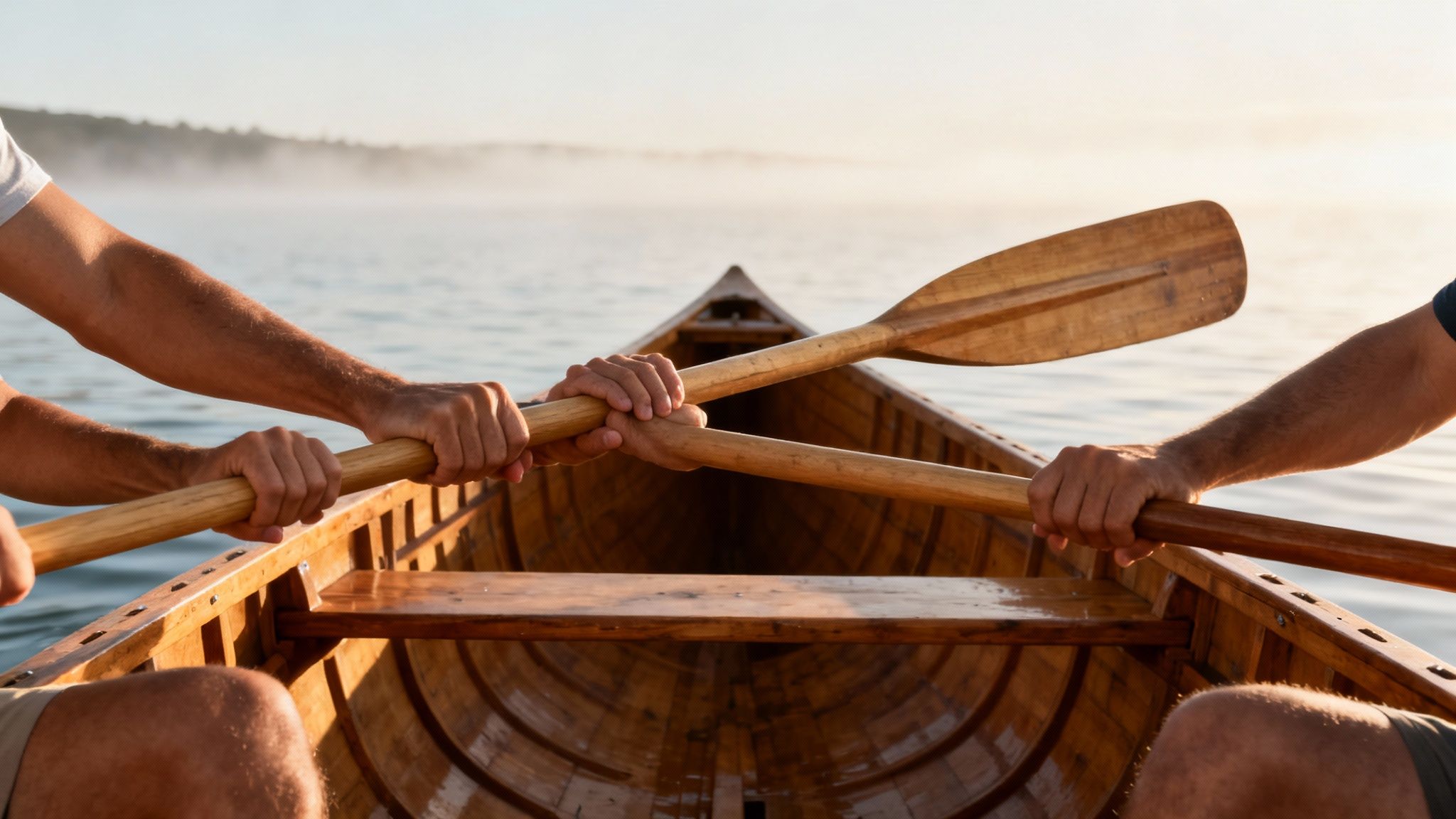 Two people paddle a wooden canoe on a misty lake at sunrise, their hands on paddles.