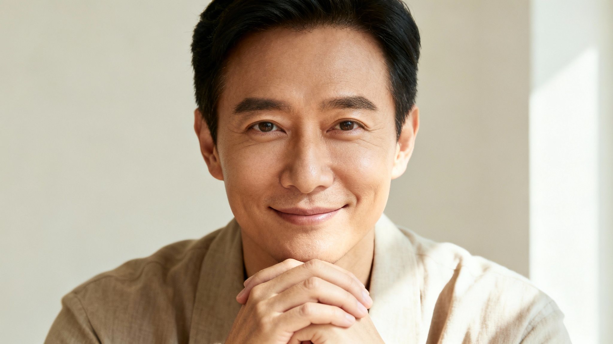Close-up portrait of a smiling Asian man with hands clasped, looking at the camera.