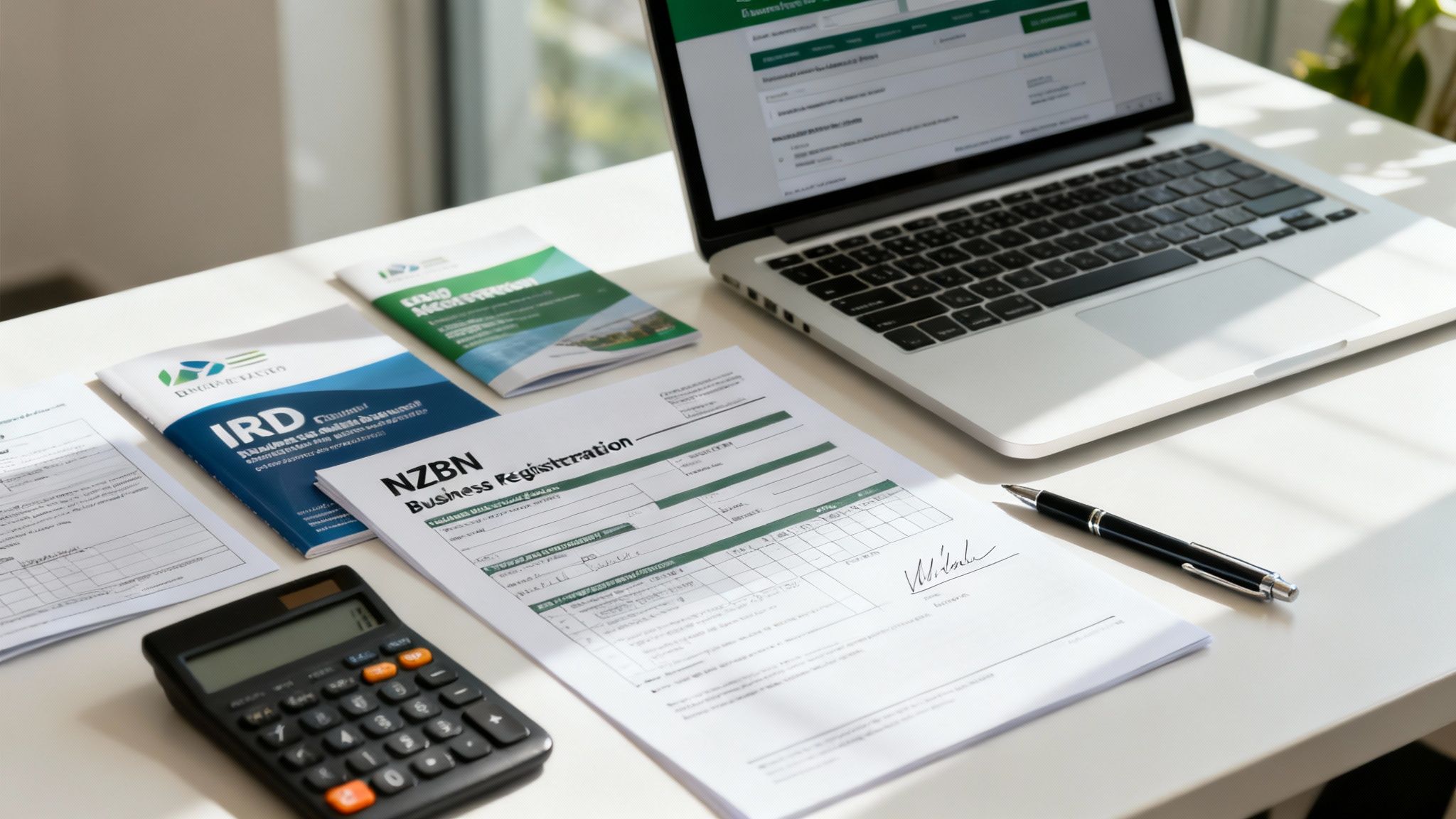 Desk setup with NZBN and IRD business registration forms, a calculator, laptop, and pen, symbolizing business setup.
