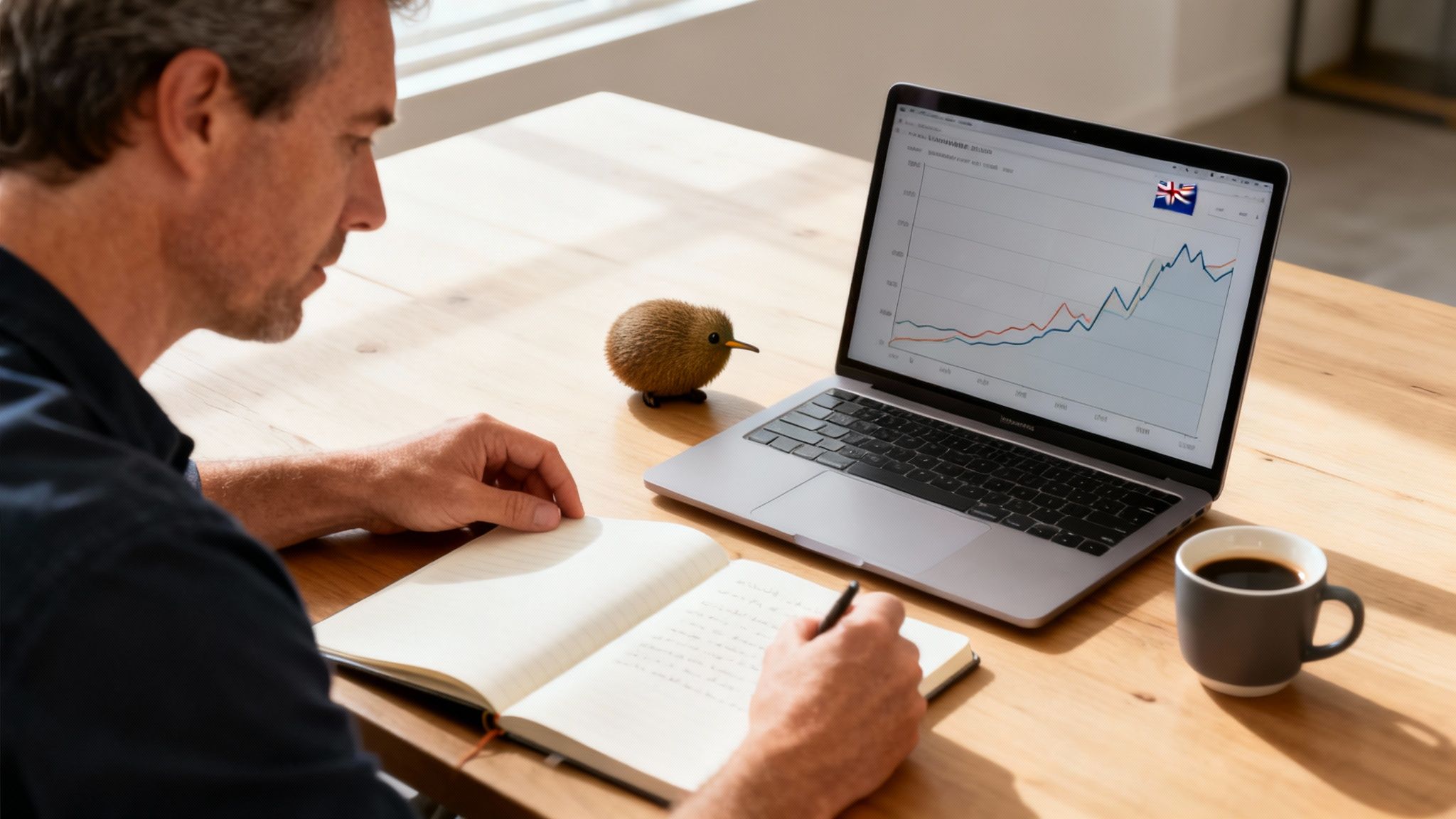 A man focused on writing in a notebook, next to a laptop displaying a financial graph.