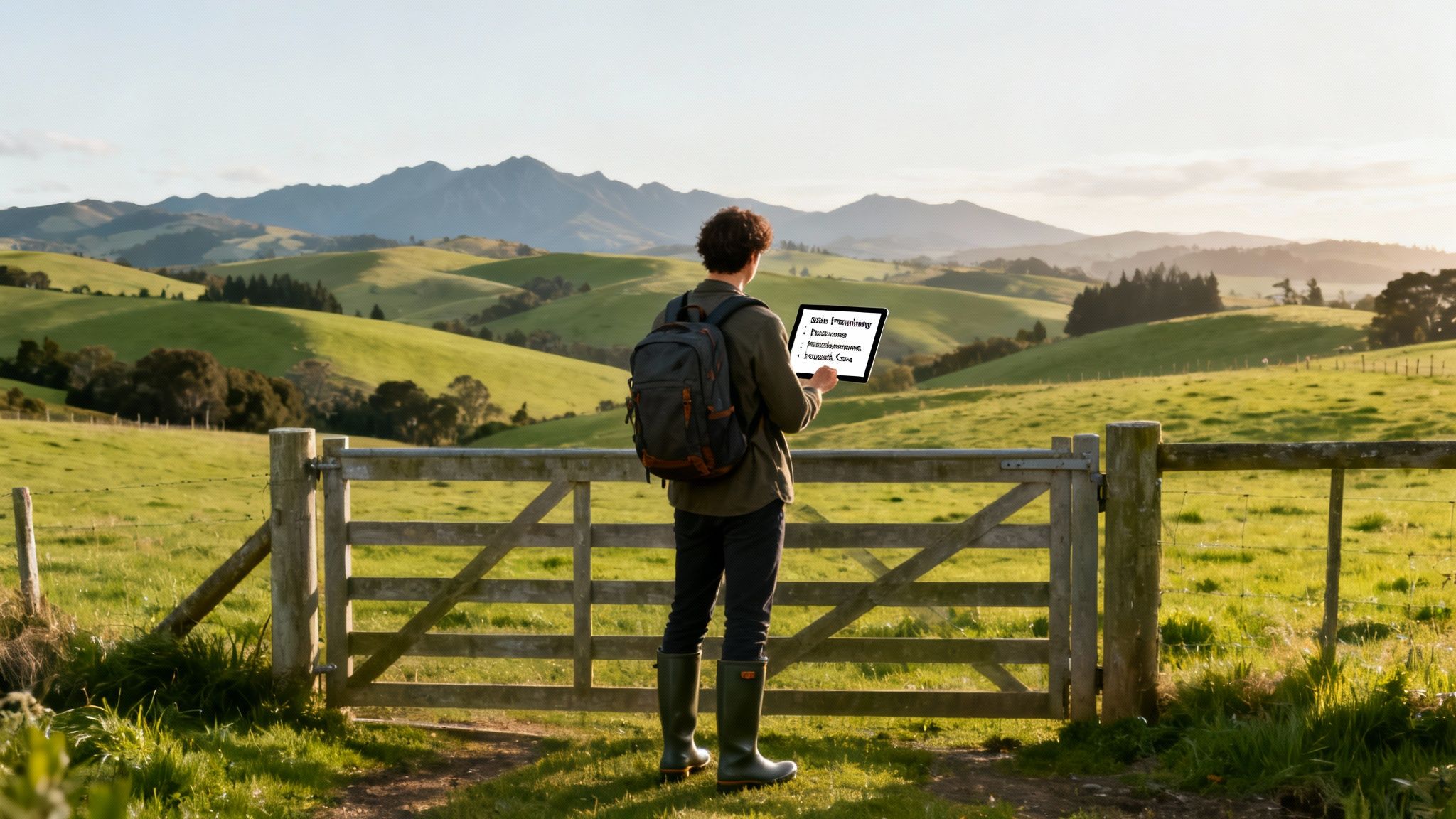 A person with a backpack and boots stands at a farm gate, looking at a tablet with text, overlooking rolling green hills and mountains.