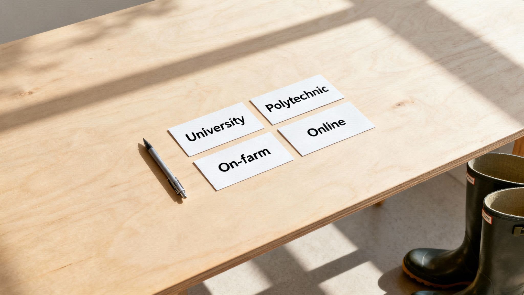 Four white cards on a wooden table showing 'University', 'Polytechnic', 'On-farm', and 'Online' training options.