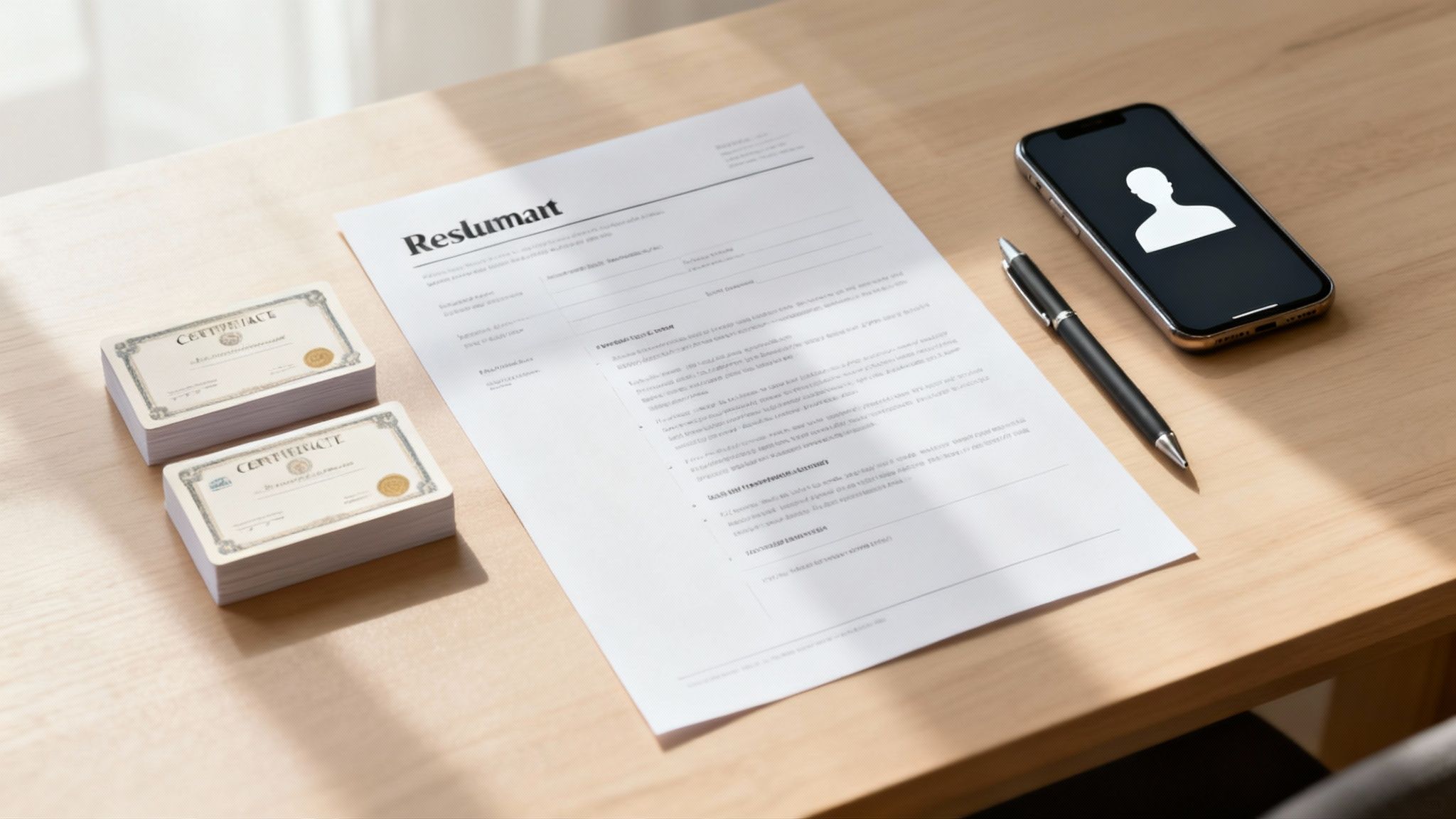 A professional desk with a resume, stacks of certificates, a smartphone with a profile icon, and a pen.