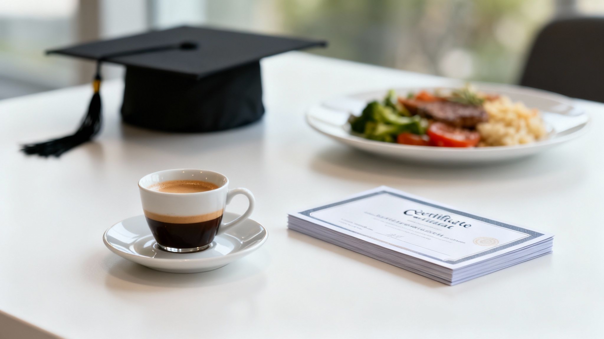 A graduation cap, espresso, and stack of certificates on a table, symbolizing educational achievement.