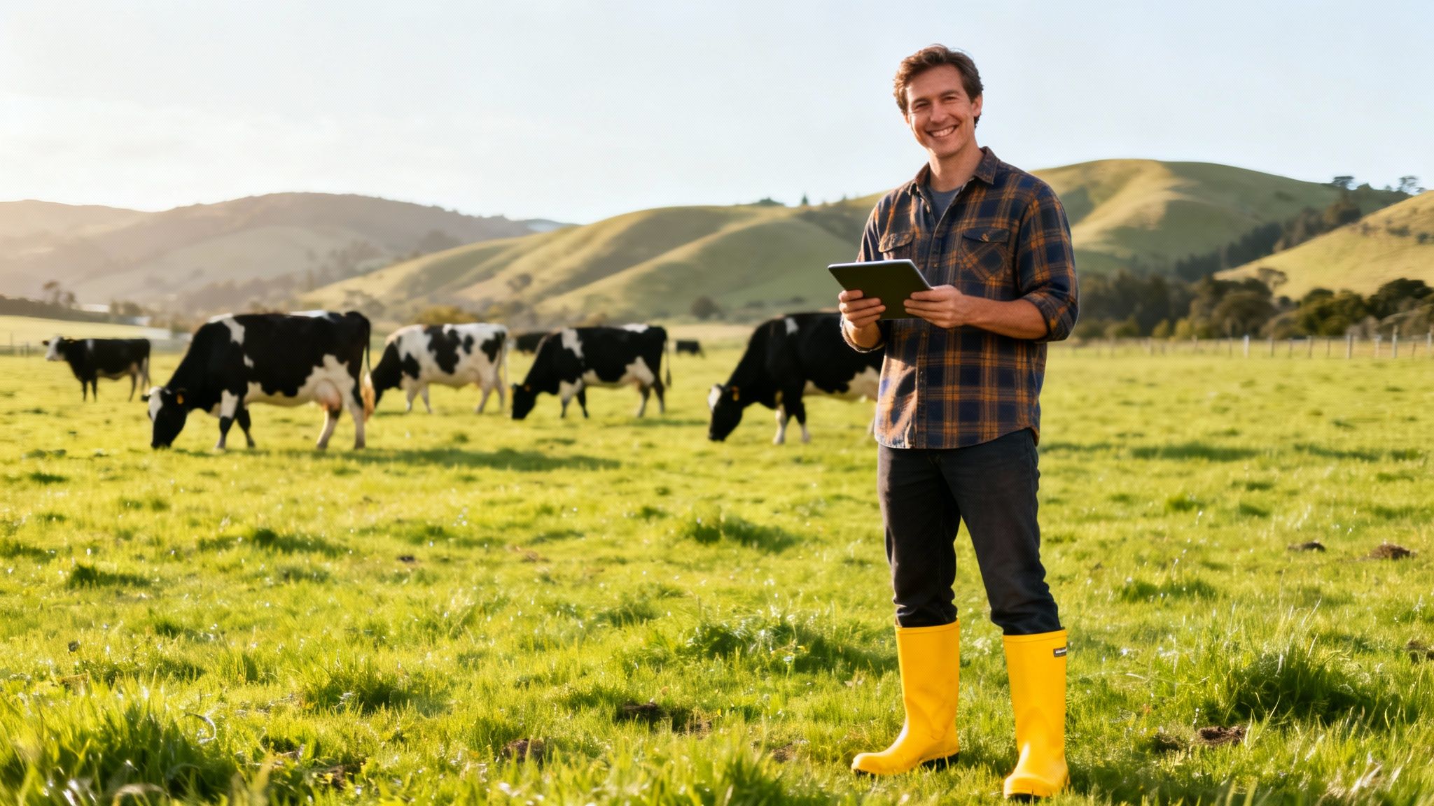 Smiling farmer in yellow boots holds a tablet in a green pasture with grazing cows and hills.
