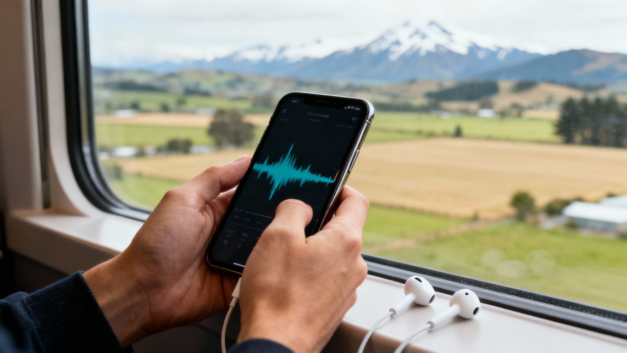 Person holding smartphone with audio waveform, looking out train window at scenic mountains and fields with earphones.