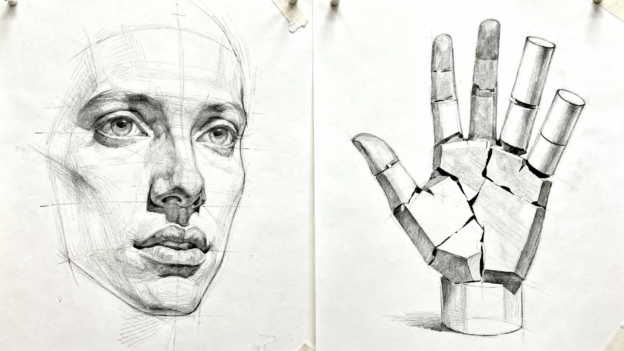 Two detailed pencil drawings: one of a human face with construction lines, and a stylized broken robotic hand.