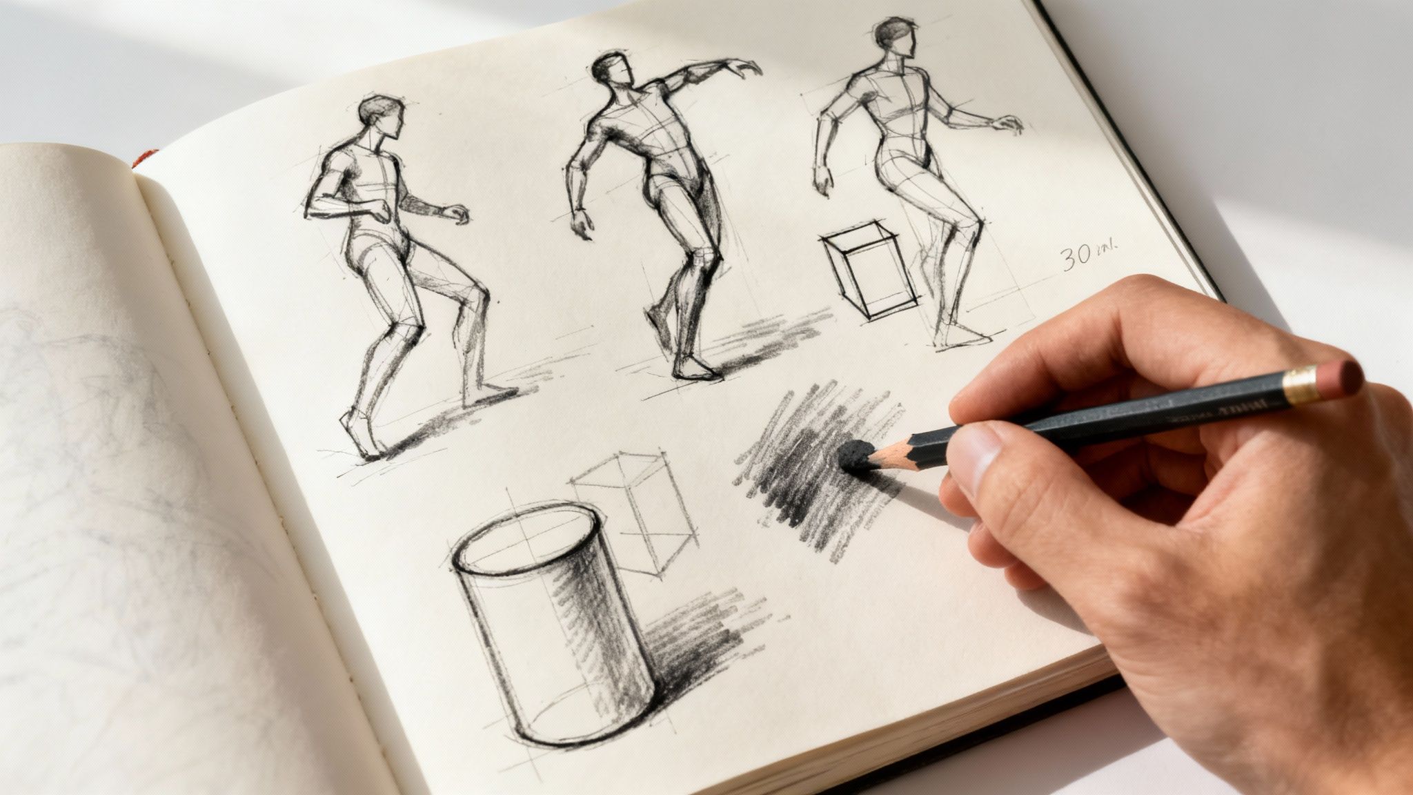 Close-up of a hand drawing figure studies and shading exercises in a sketchbook.