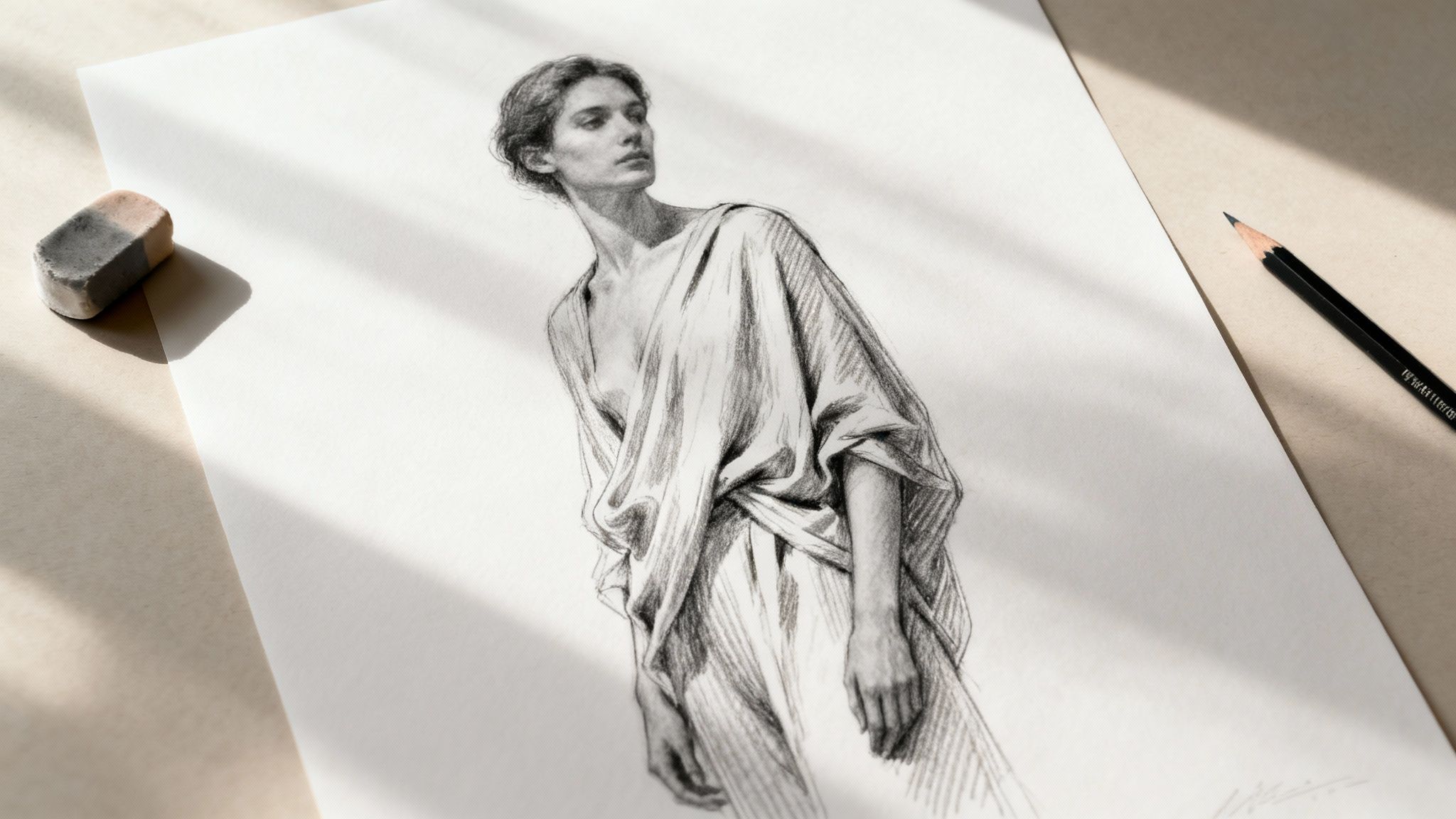 Detailed pencil sketch of a woman in a flowing robe, with art supplies on a sunlit table.